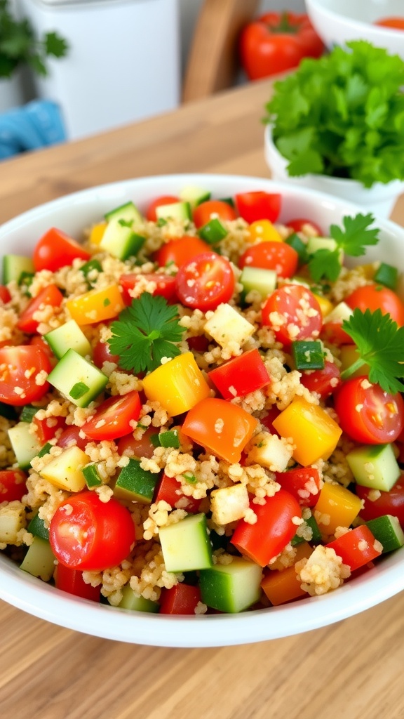A vibrant quinoa salad with diced cucumbers, tomatoes, and bell peppers in a bowl, garnished with parsley.